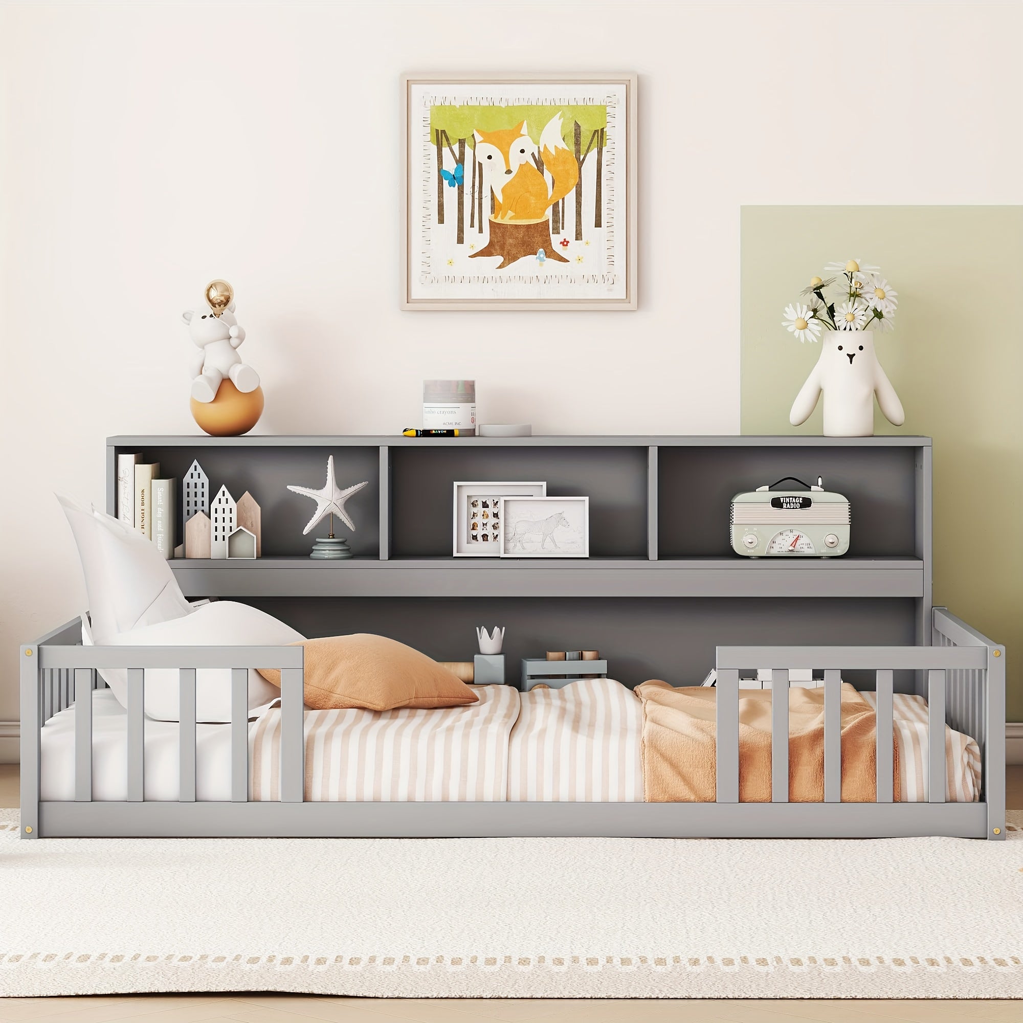 Bellemave Full Size Floor Bed with Bookcase & Shelves - Low-Profile Kids Bed with Safety Guardrails