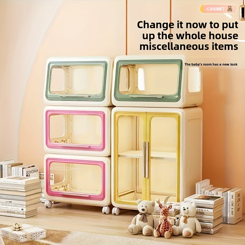 Rolling Storage Cabinet Stackable Plastic Organizer Bins with Transparent Doors & Wheels - Multifunctional Rolling Storage Cabinet in Soft Pastel Colors