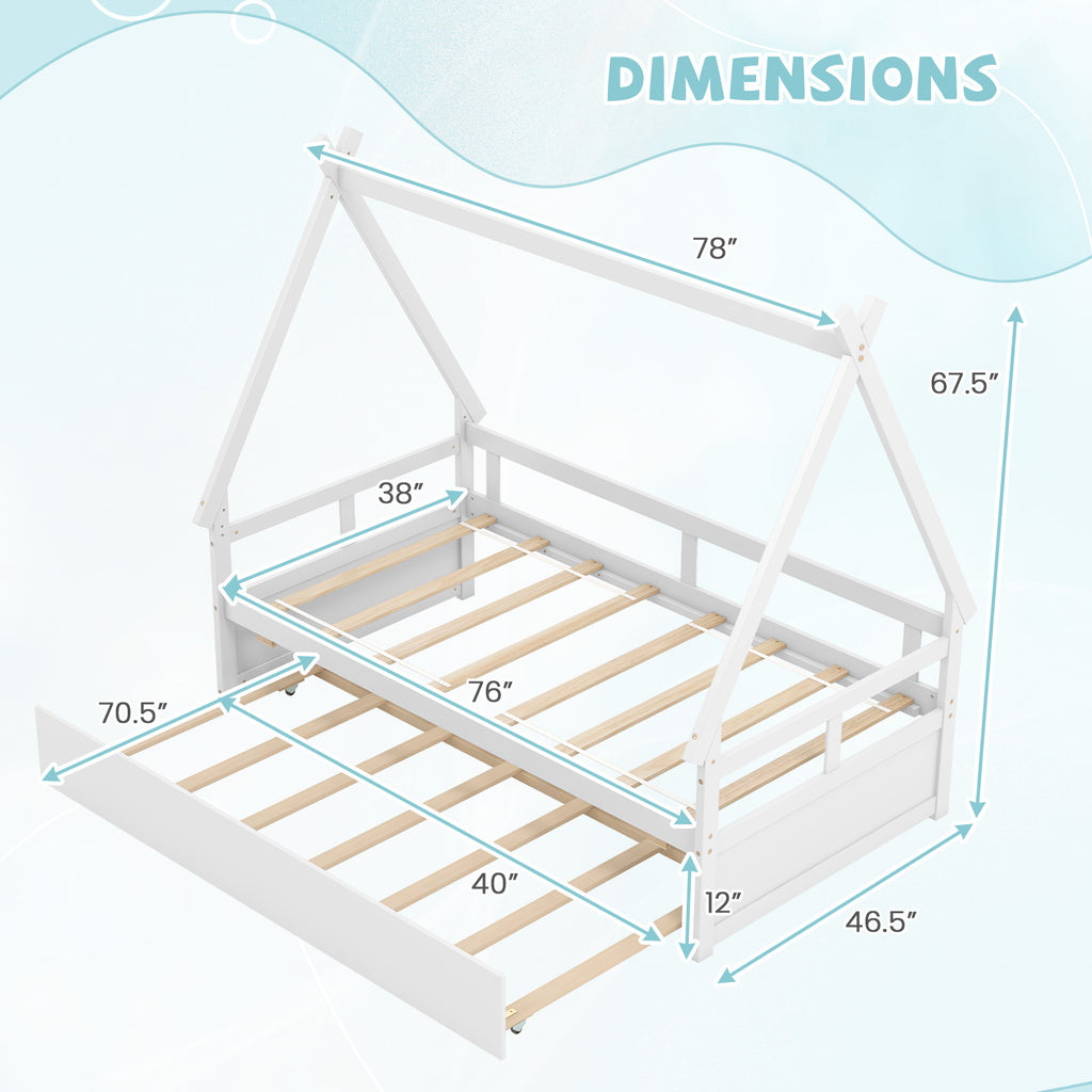 Charming Twin House Bed with Trundle - Sturdy Wooden Frame, Safety Guardrail & Roof - Perfect for Youngsters' Room Decor