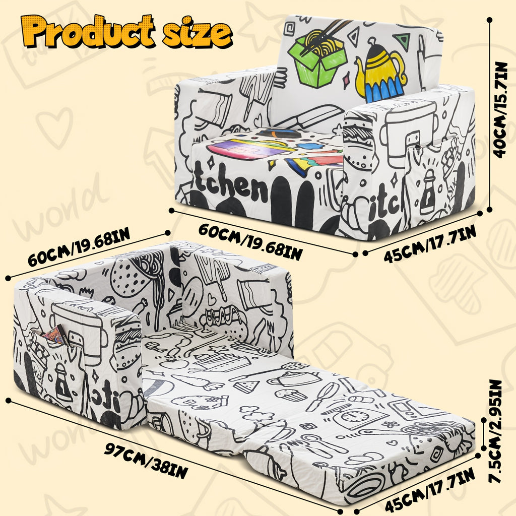 Kids Art Chair with 12 Washable Markers - Foldable Graffiti Furniture for Children, Doodle Creative Chair with Removable Cover