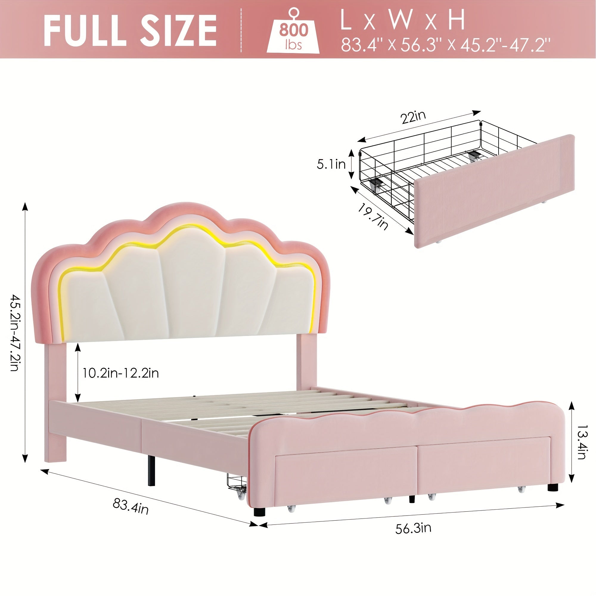 FULTRU Twin\u002FFull Size Led Bed Frame, Pink\u002F Blue Platform Bed With Large Drawer