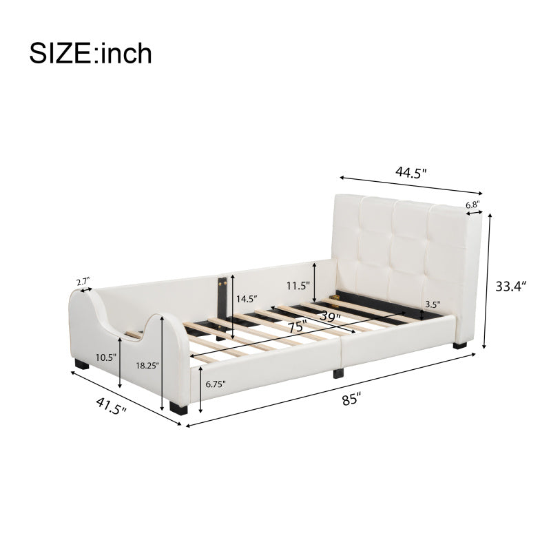 Twin Size Upholstered Platform Bed with Guardrail White