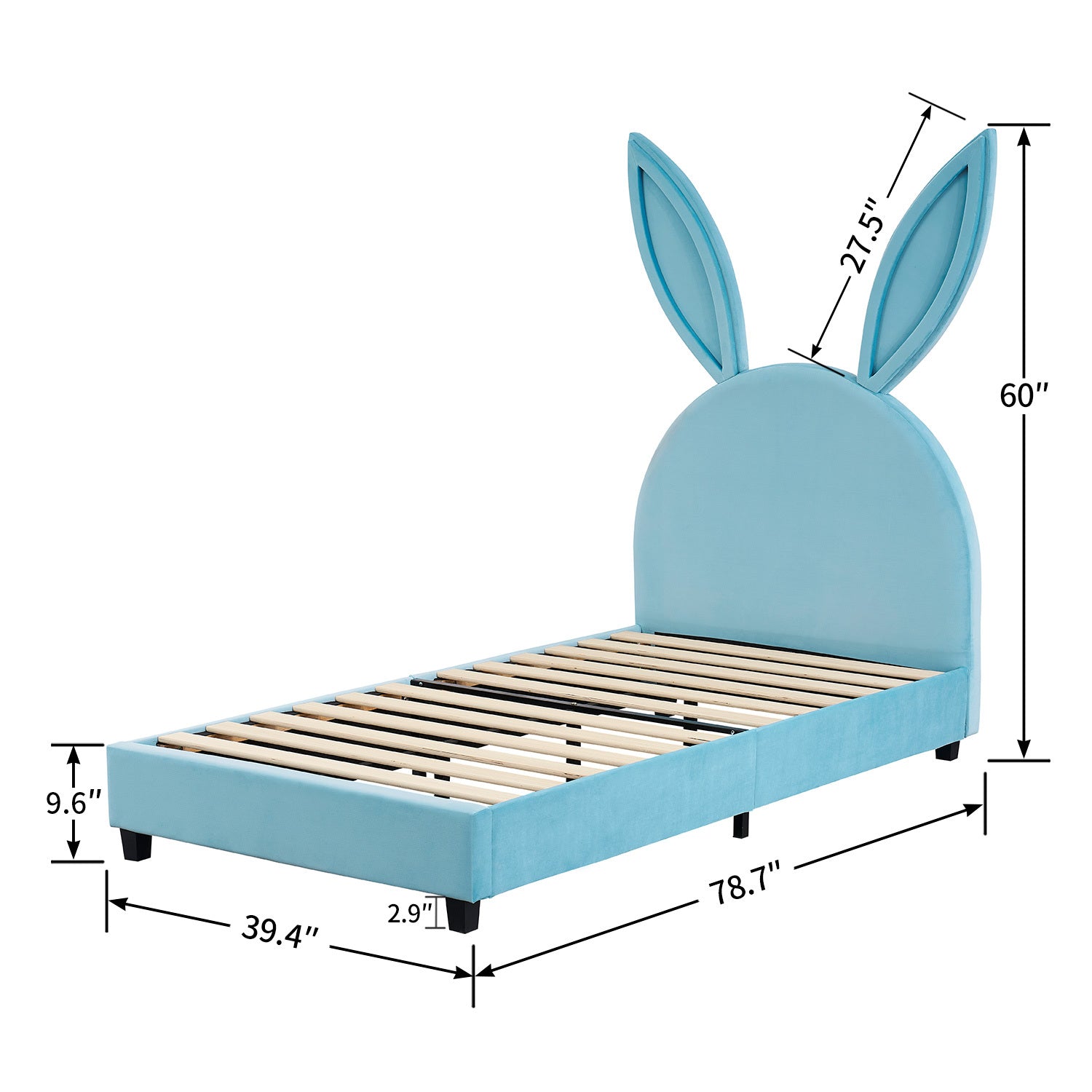 Twin Size Bed Frame with Upholstered Bunny Ears Headboard Wooden Slats Support No Boxing Spring Needed