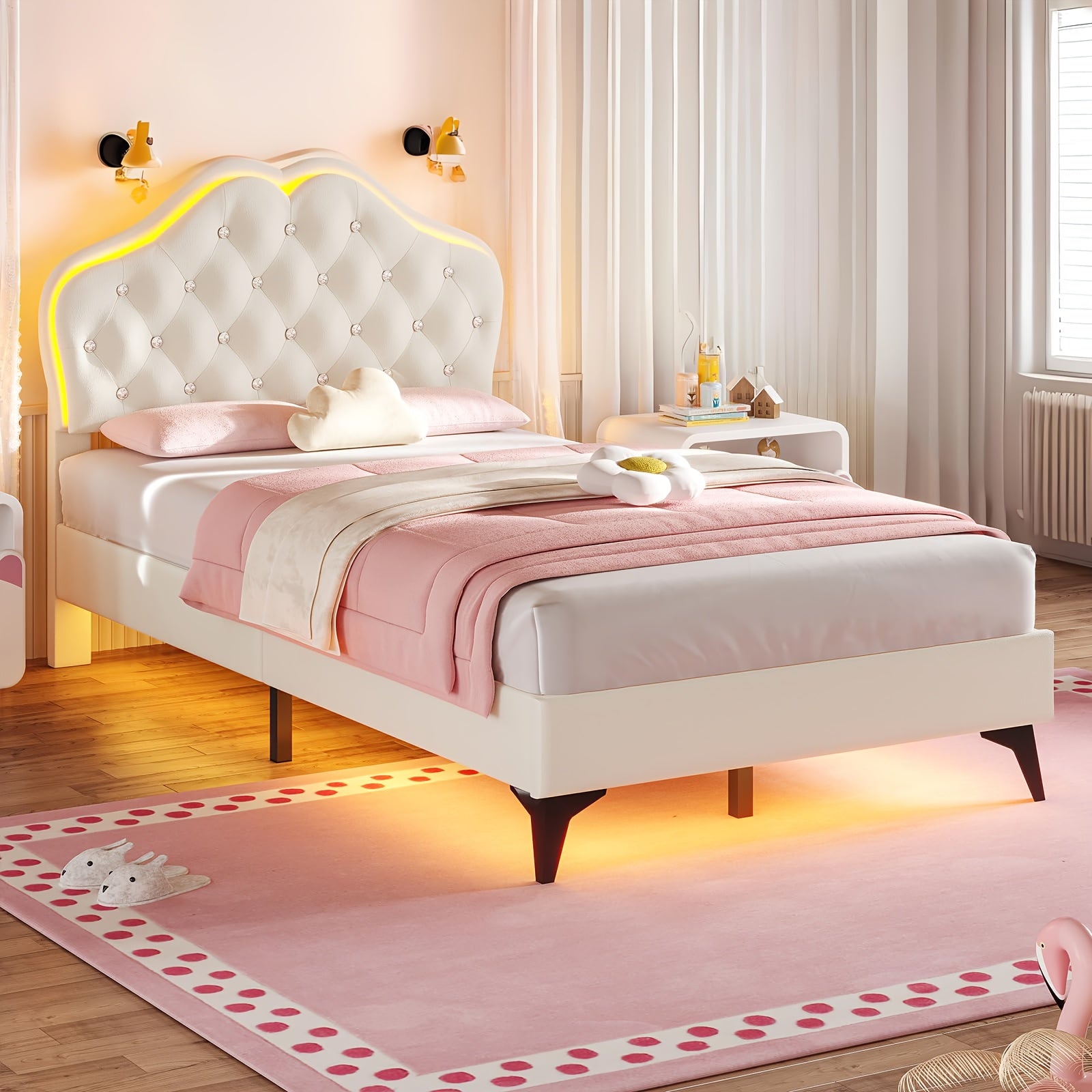 Princess Bed Frame with LED Modern Twin Size Princess Bed Frame with LED Lights Headboard & Crystal Buttons