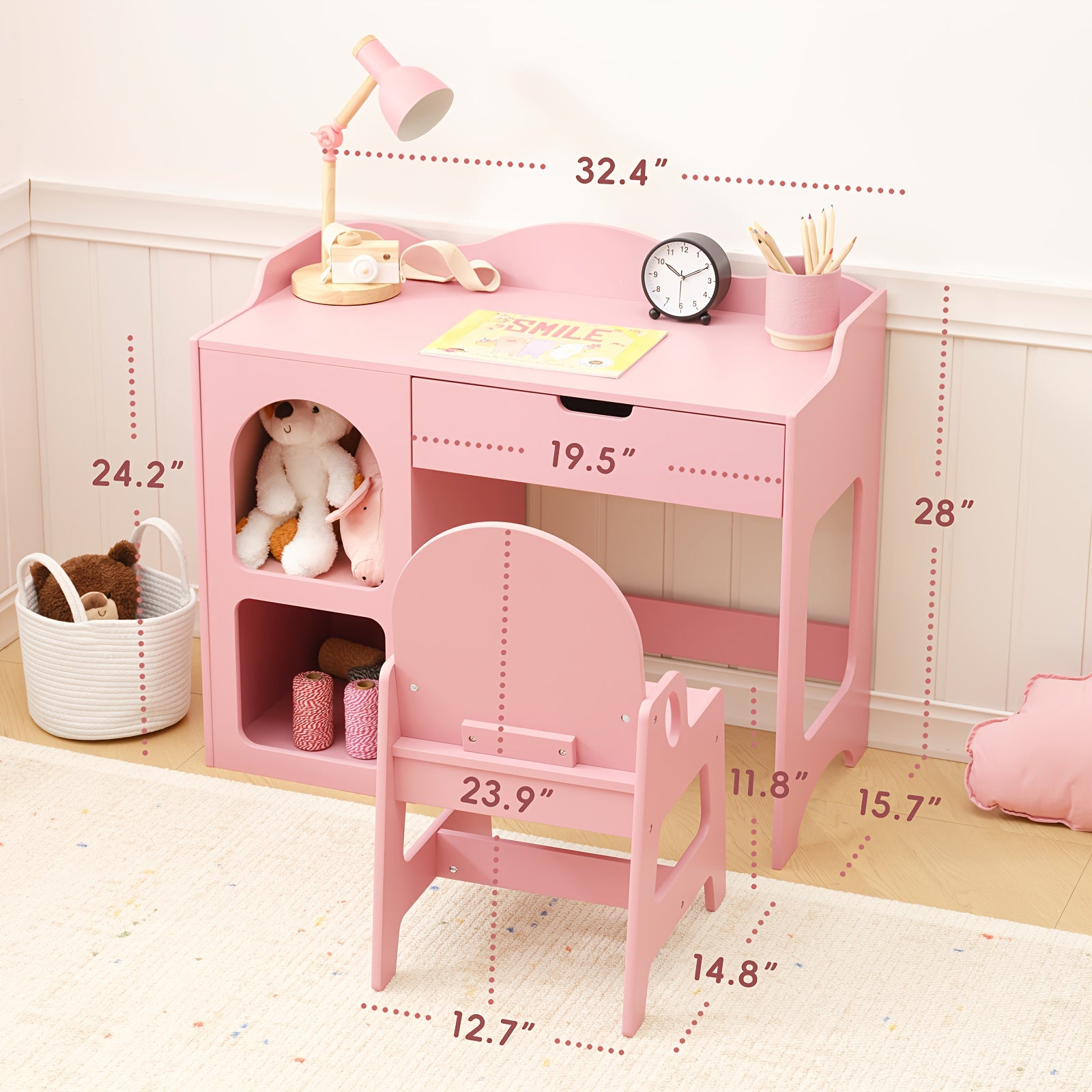 Pink Girls' Modern Study Table and Chair Set with Storage Shelf - Sturdy Hardwood Construction