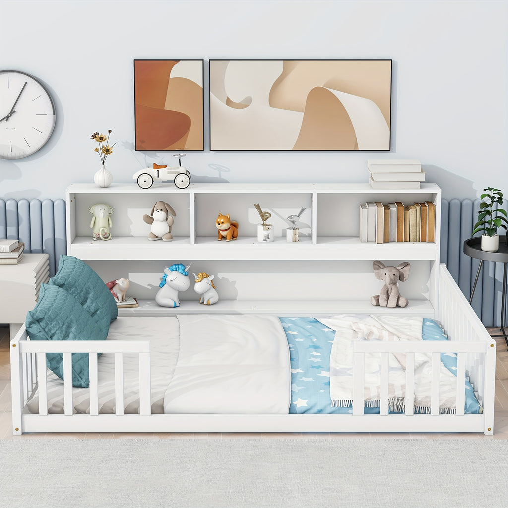 Bellemave Full Size Floor Bed with Bookcase & Shelves - Low-Profile Kids Bed with Safety Guardrails