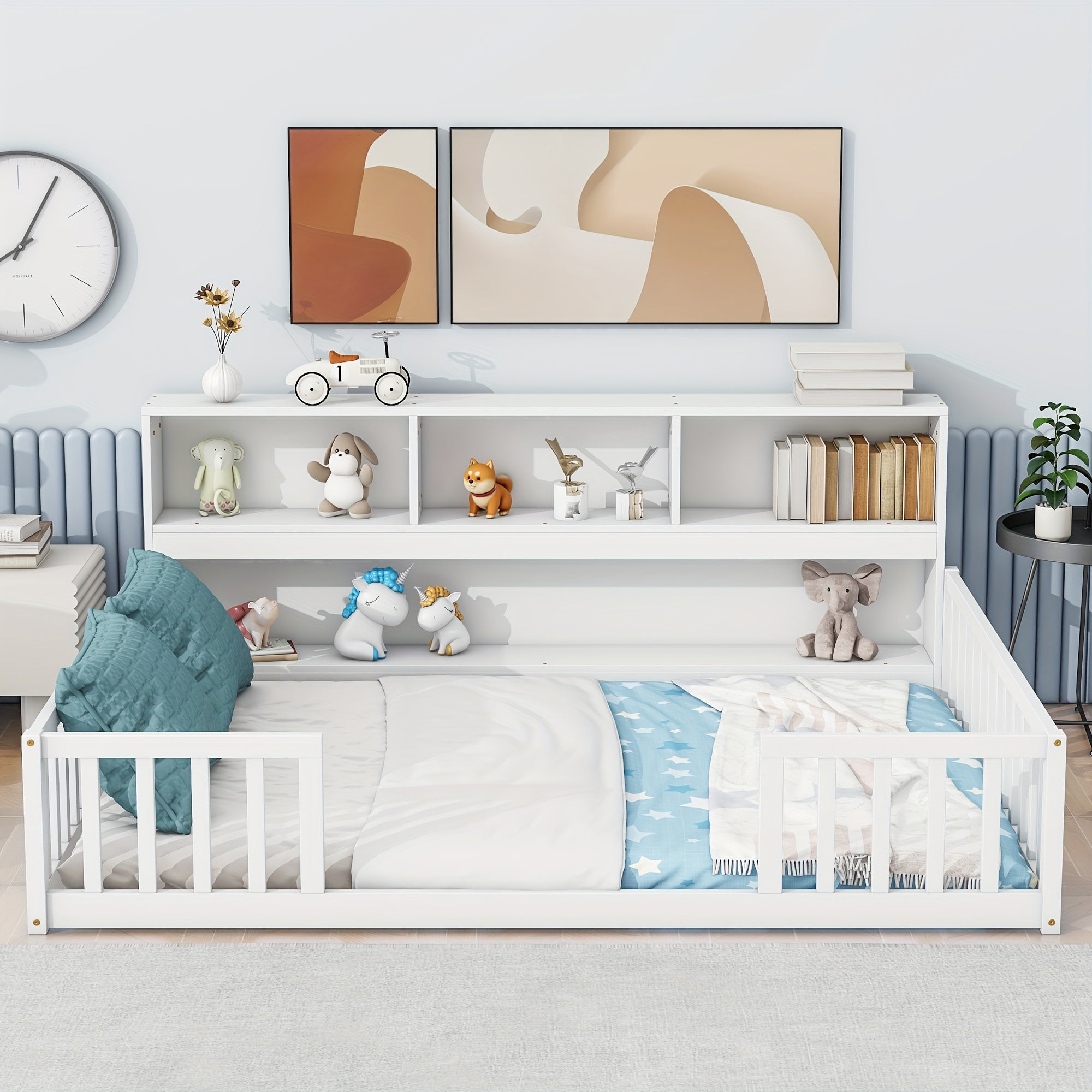Bellemave Full Size Floor Bed with Bookcase & Shelves - Low-Profile Kids Bed with Safety Guardrails