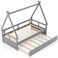 Charming Twin House Bed with Trundle - Sturdy Wooden Frame, Safety Guardrail & Roof - Perfect for Youngsters' Room Decor