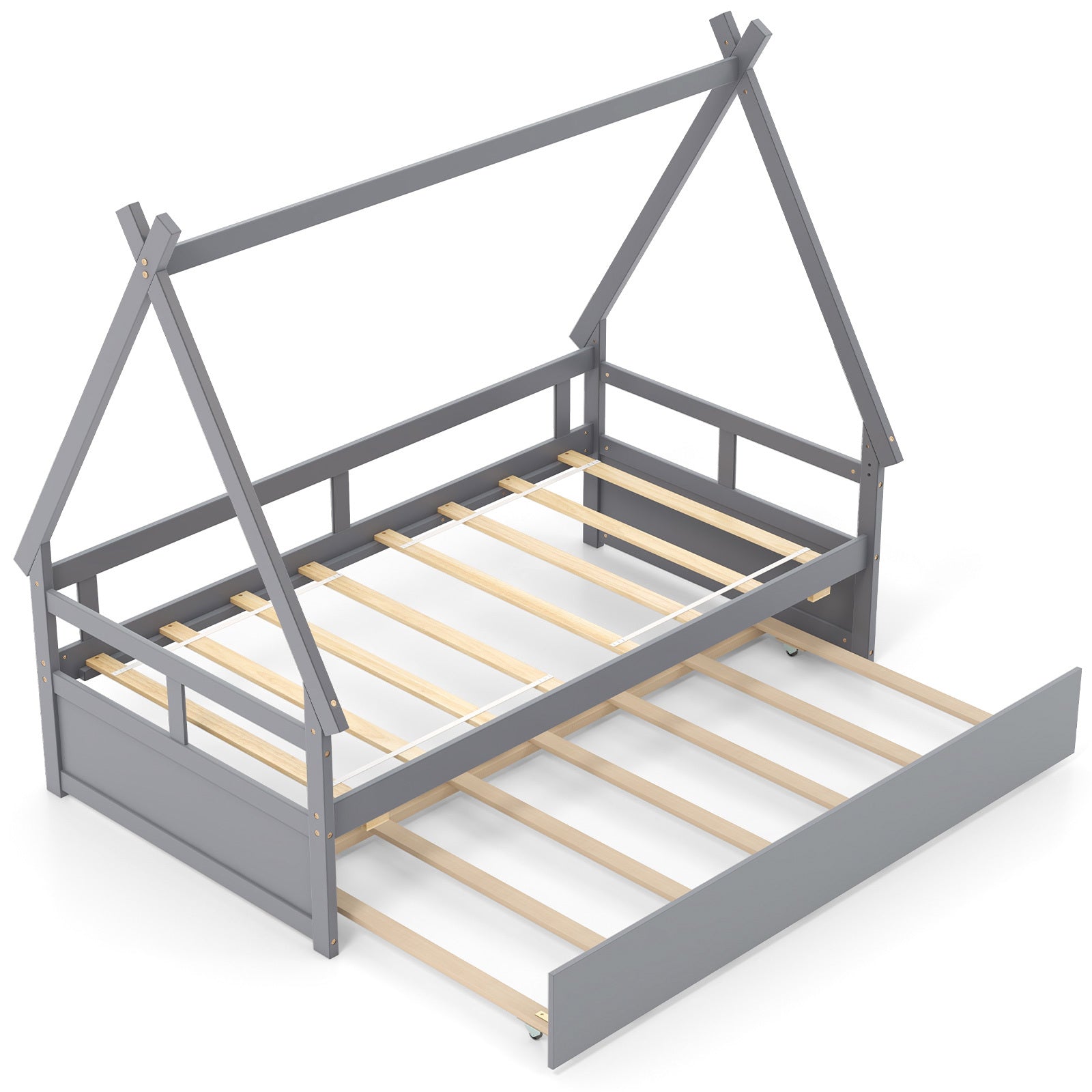 Charming Twin House Bed with Trundle - Sturdy Wooden Frame, Safety Guardrail & Roof - Perfect for Youngsters' Room Decor