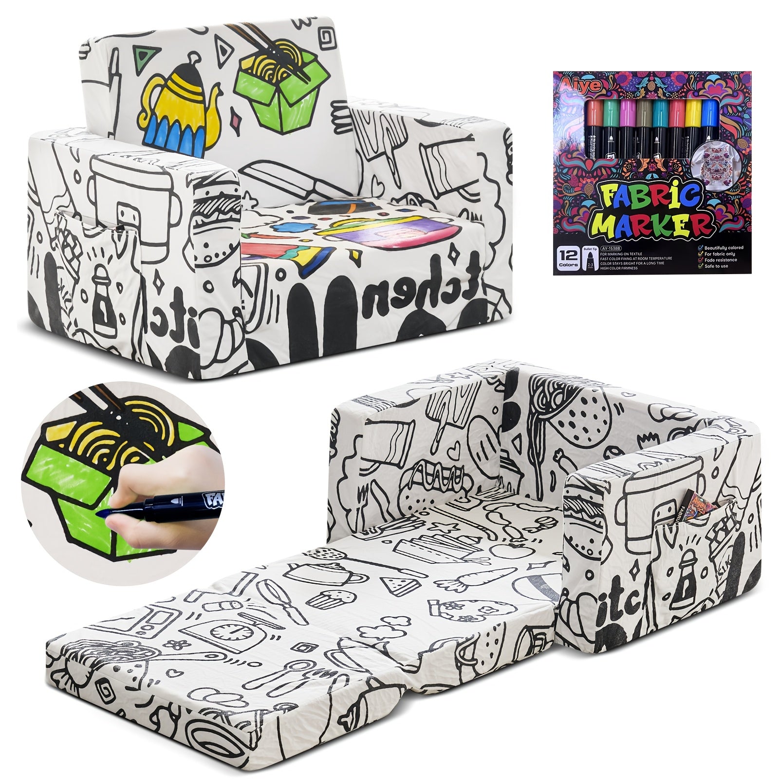 Kids Art Chair with 12 Washable Markers - Foldable Graffiti Furniture for Children, Doodle Creative Chair with Removable Cover