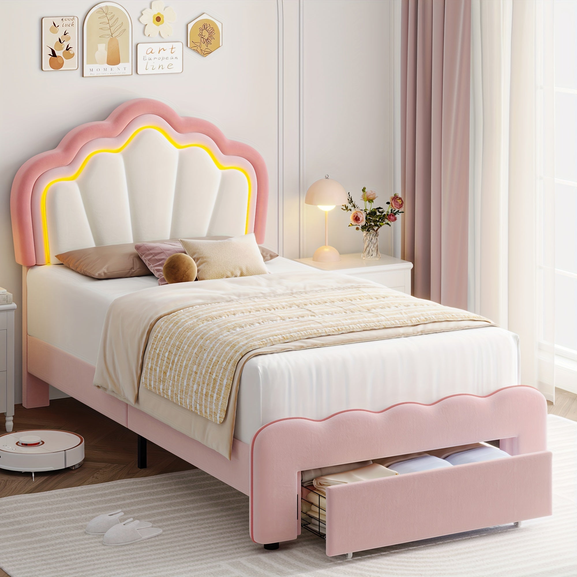 FULTRU Twin\u002FFull Size Led Bed Frame, Pink\u002F Blue Platform Bed With Large Drawer