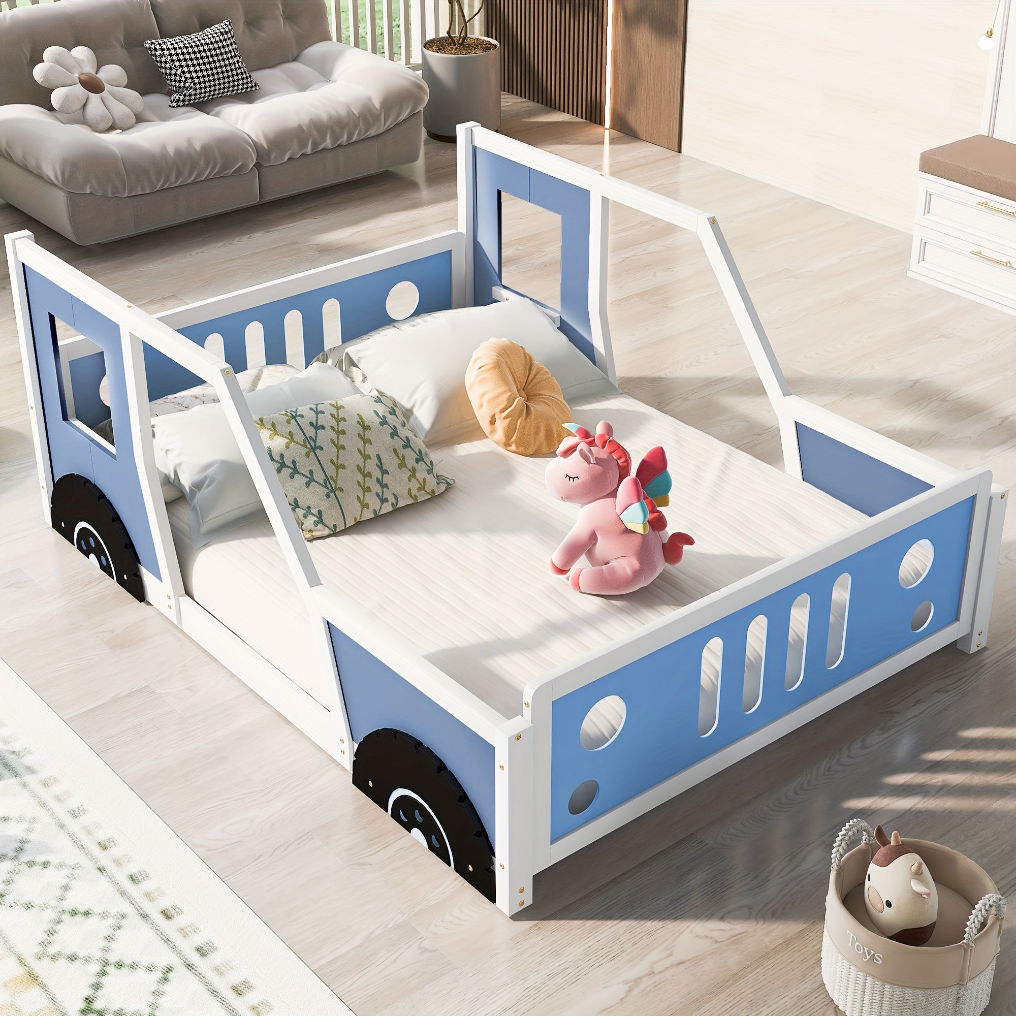 Bellemave Full Size Car Bed with Headboard & Footboard, 4-Side Rails - Sturdy Wood & MDF Construction