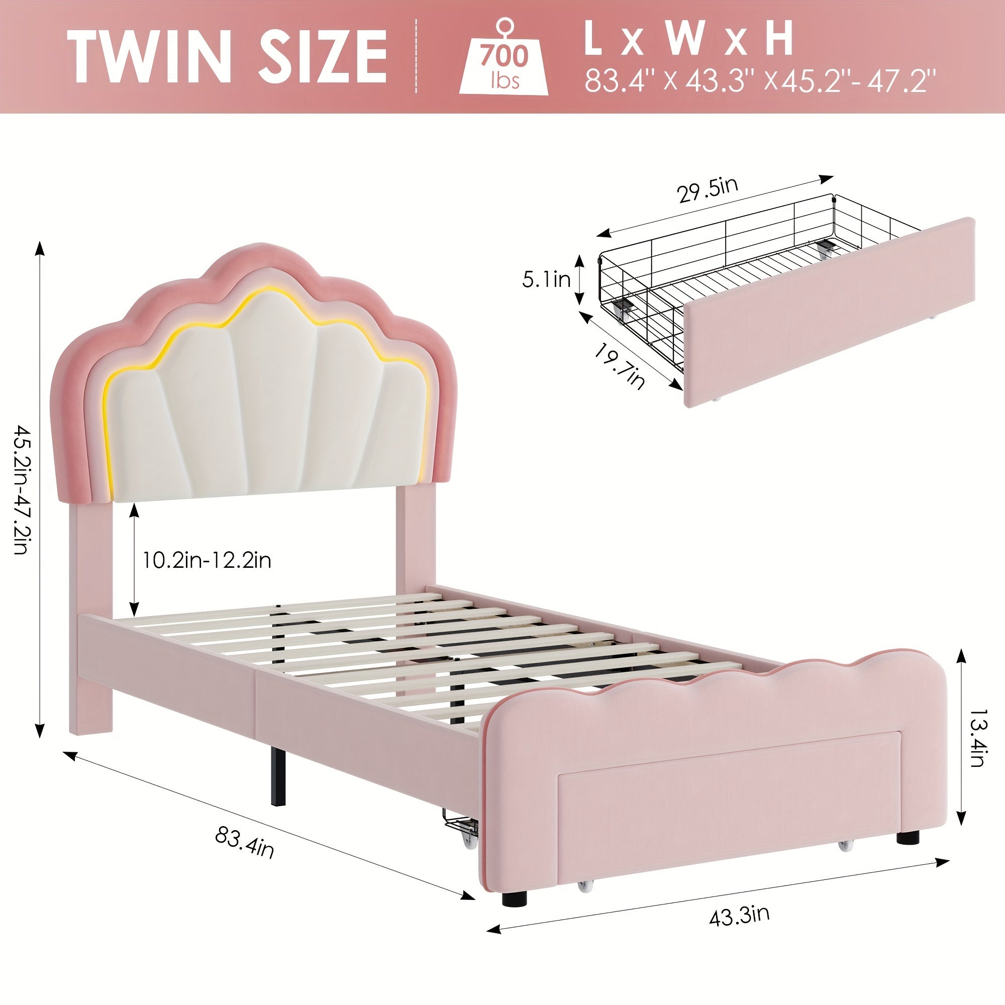 FULTRU Twin\u002FFull Size Led Bed Frame, Pink\u002F Blue Platform Bed With Large Drawer