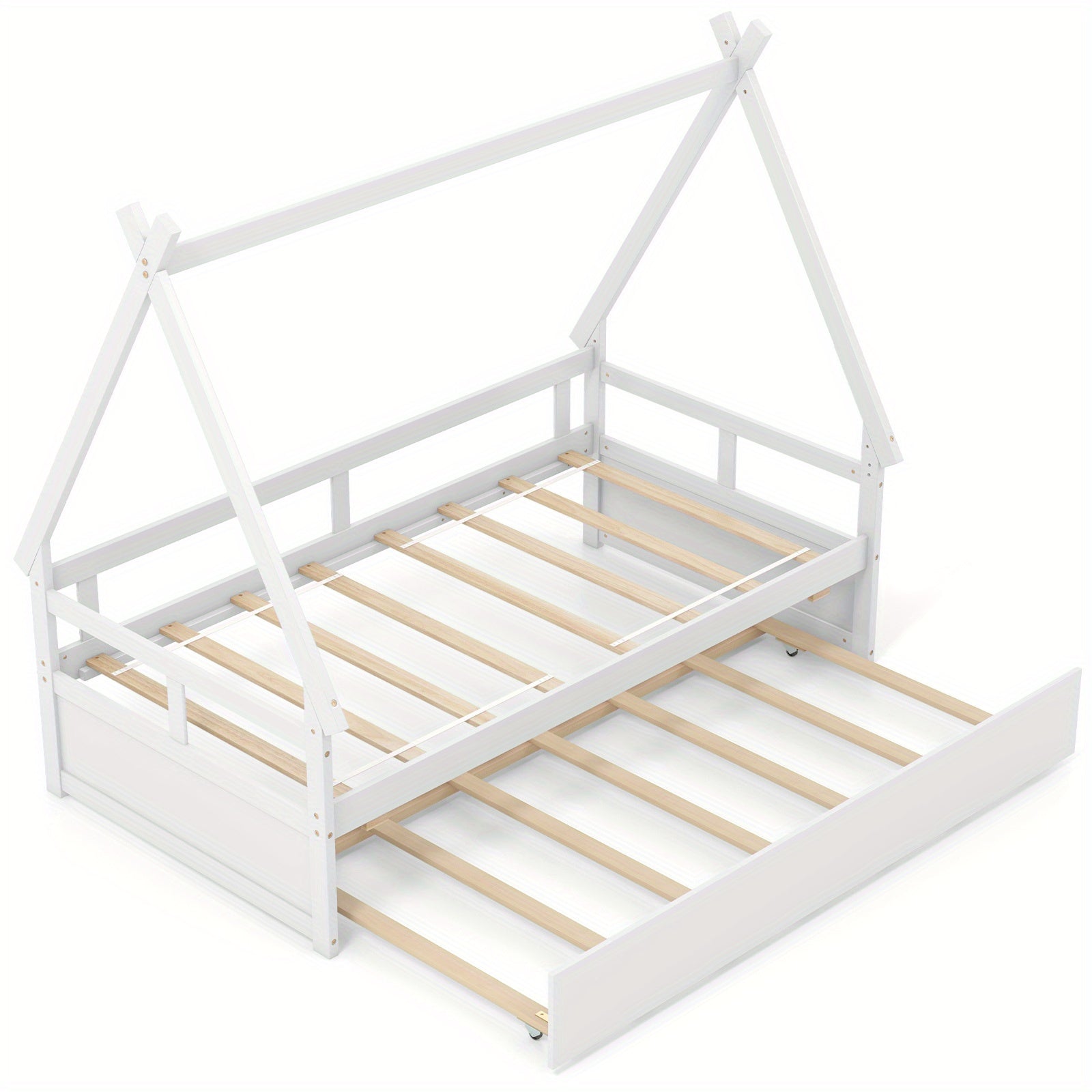Charming Twin House Bed with Trundle - Sturdy Wooden Frame, Safety Guardrail & Roof - Perfect for Youngsters' Room Decor