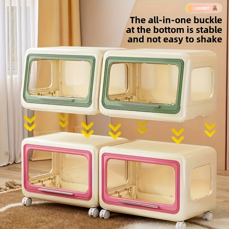 Rolling Storage Cabinet Stackable Plastic Organizer Bins with Transparent Doors & Wheels - Multifunctional Rolling Storage Cabinet in Soft Pastel Colors
