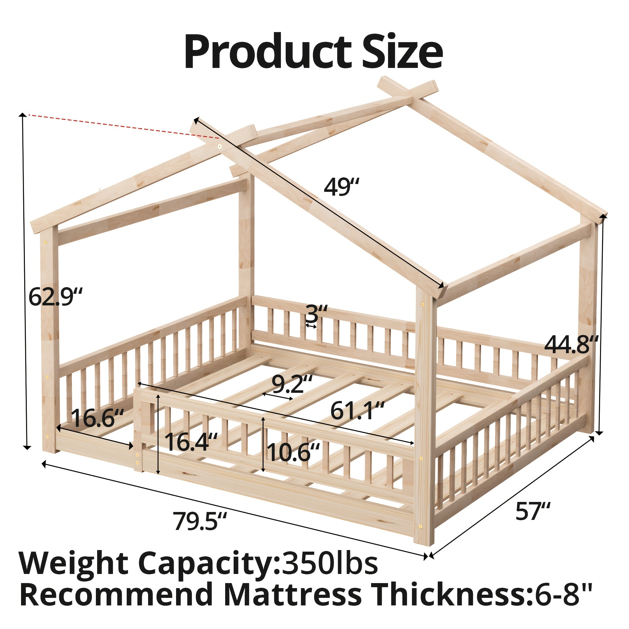 Full\u002FDouble Bed with Safety Rail, Wooden Cabin Bed for Bedroom Playroom, Easy to Assemble