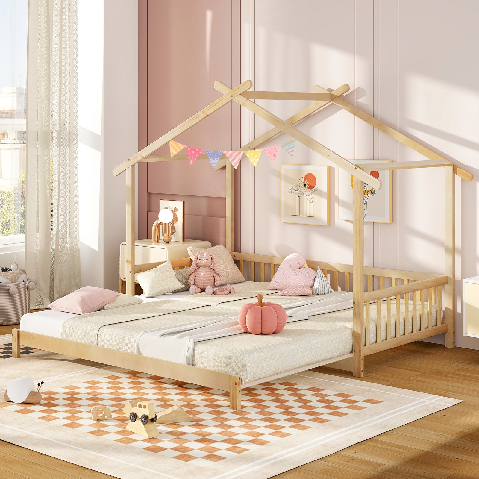 Versatile Extendable Youngsters' House Bed - Twin to King Size, with Roof & Safety Rails