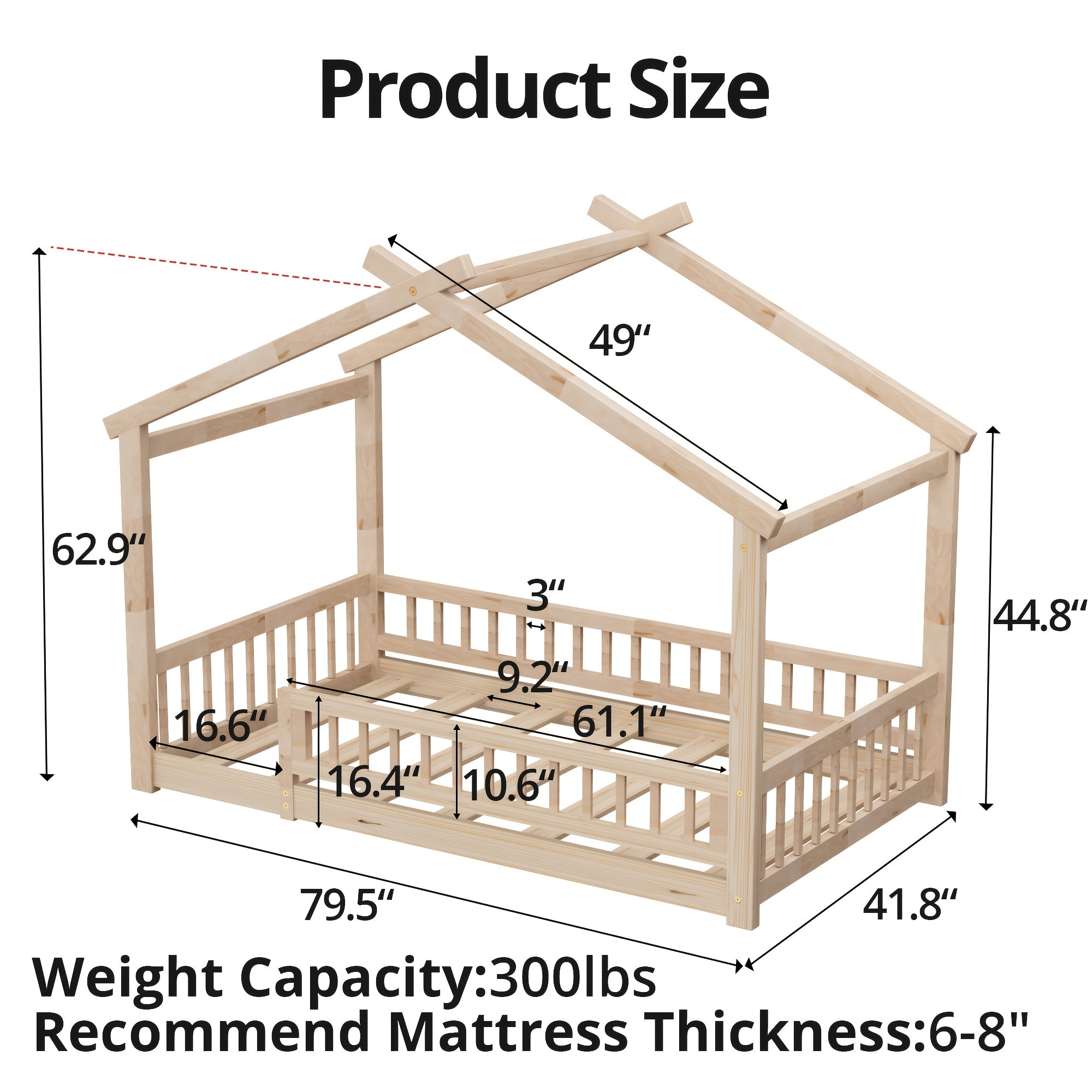 Full\u002FDouble Bed with Safety Rail, Wooden Cabin Bed for Bedroom Playroom, Easy to Assemble