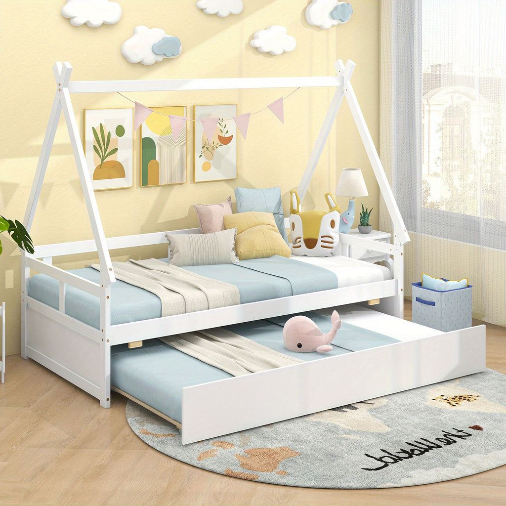 Charming Twin House Bed with Trundle - Sturdy Wooden Frame, Safety Guardrail & Roof - Perfect for Youngsters' Room Decor
