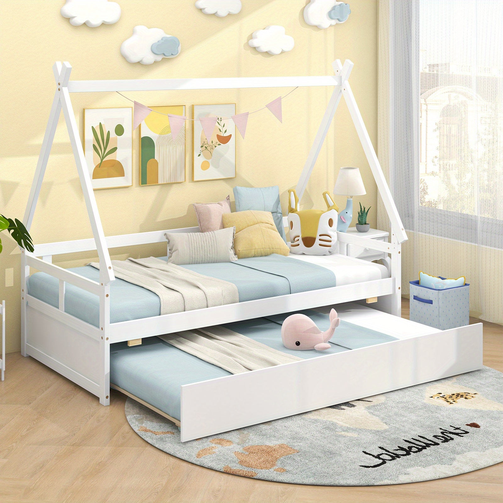 Charming Twin House Bed with Trundle - Sturdy Wooden Frame, Safety Guardrail & Roof - Perfect for Youngsters' Room Decor