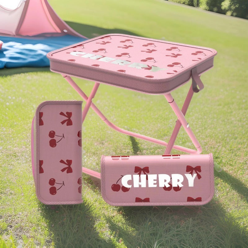 Portable Pink Cherry-Themed Folding Stool with Zipper Pocket - Lightweight, Durable Stainless Steel Square Tote for Picnics