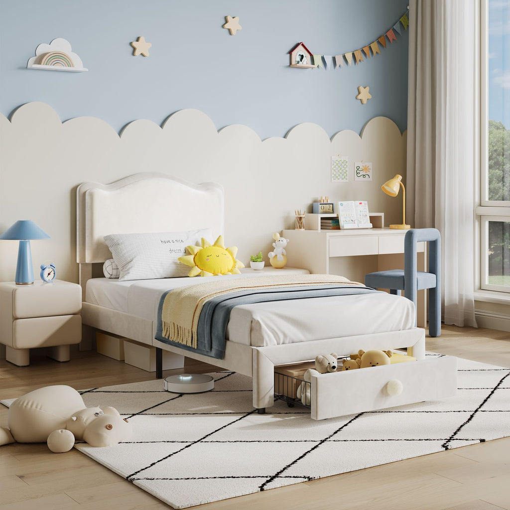 GAOMON Twin Girls Bed Frame with 2 Storage Drawers & Wavy Headboard - Beige Princess Upholstered Platform Bed