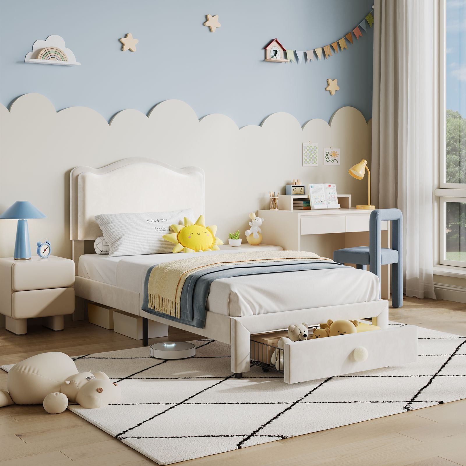 GAOMON Twin Girls Bed Frame with 2 Storage Drawers & Wavy Headboard - Beige Princess Upholstered Platform Bed