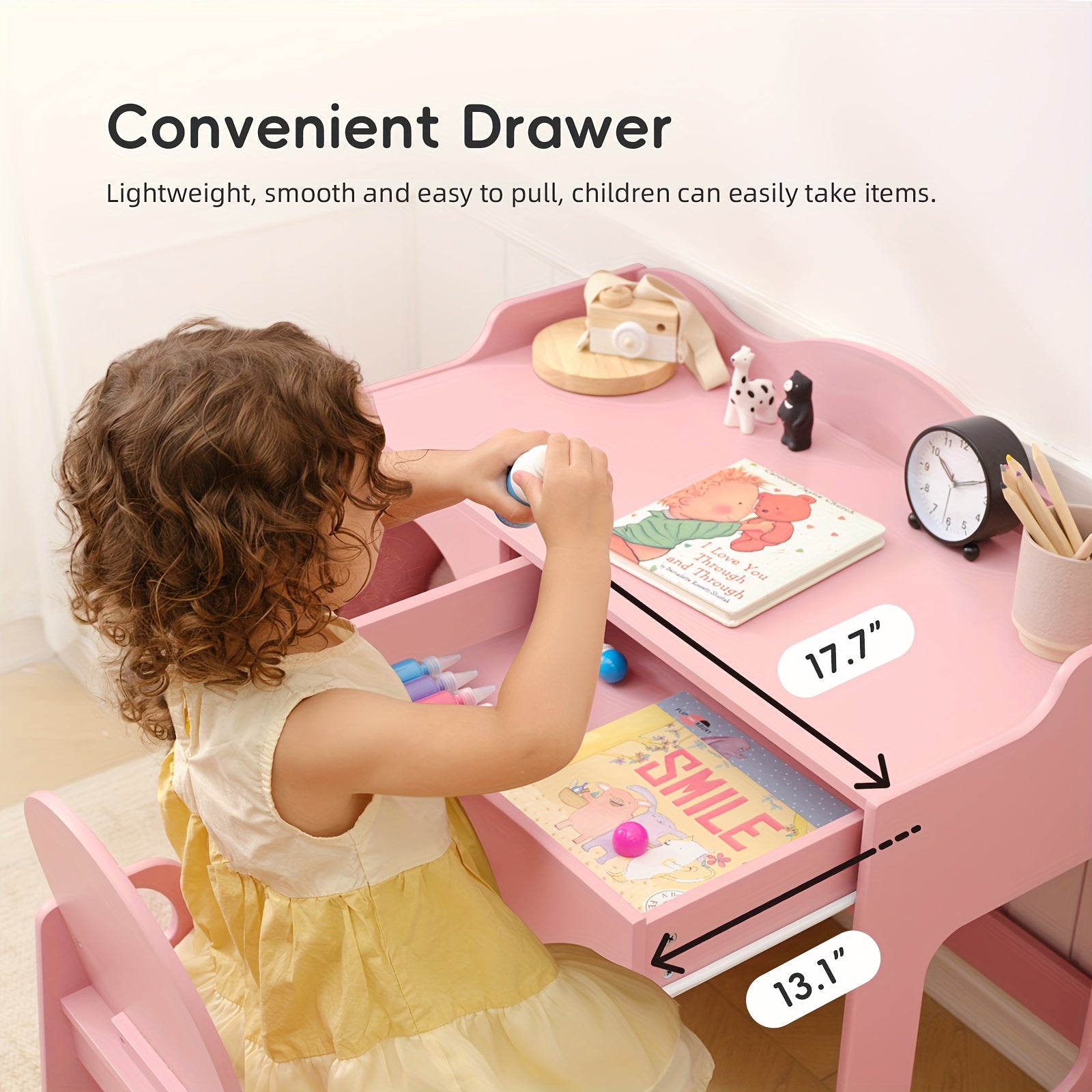 Pink Girls' Modern Study Table and Chair Set with Storage Shelf - Sturdy Hardwood Construction