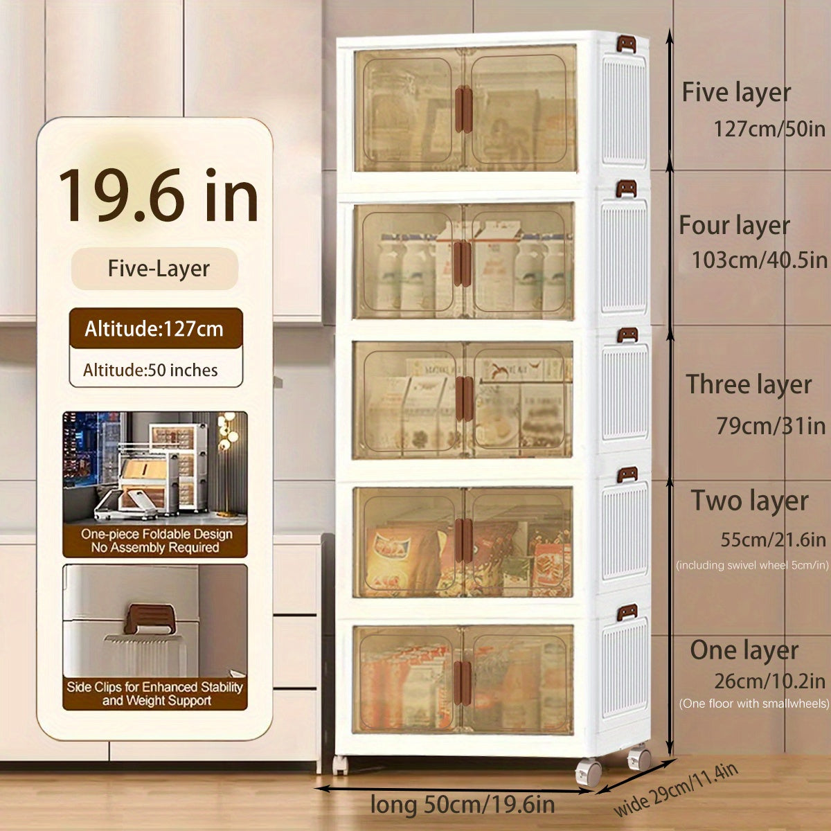 19.69inch Large Heavy-Duty White PP Plastic Foldable & Collapsible Storage Cabinet with ic Doors & Locking Drawers