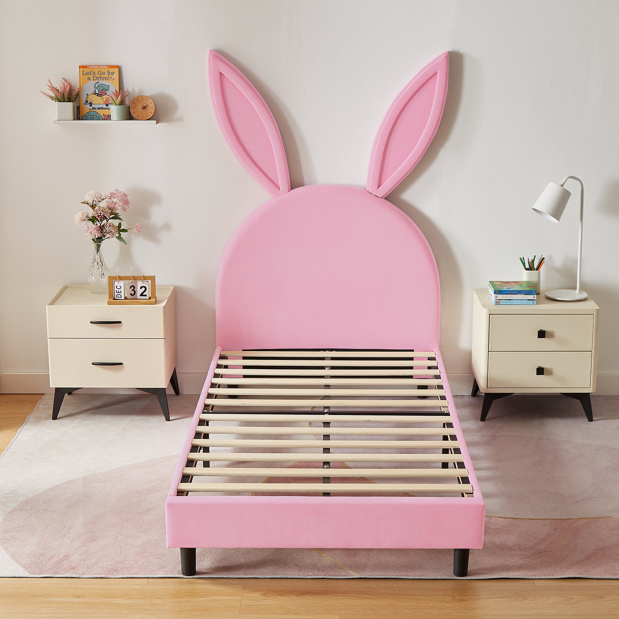 Twin Size Bed Frame with Upholstered Bunny Ears Headboard Wooden Slats Support No Boxing Spring Needed