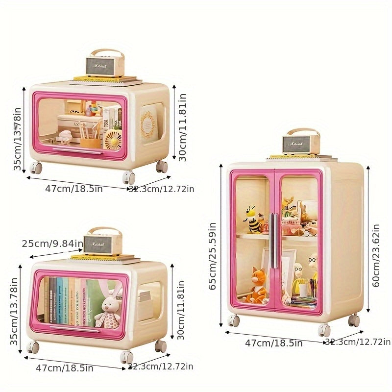 Rolling Storage Cabinet Stackable Plastic Organizer Bins with Transparent Doors & Wheels - Multifunctional Rolling Storage Cabinet in Soft Pastel Colors