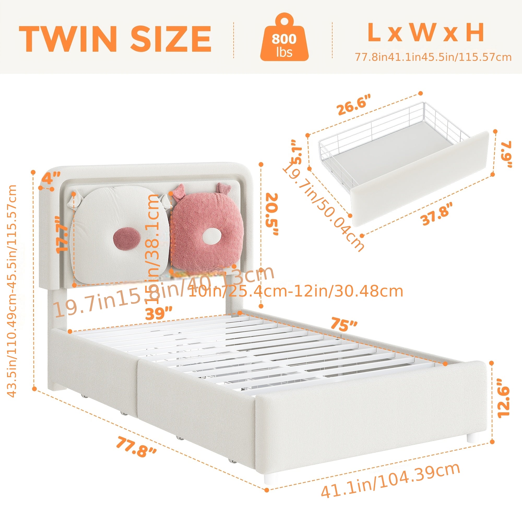 TWIN Size Fabric Bed Frame, with Two Storage Drawers, Detachable Headboard Pillows