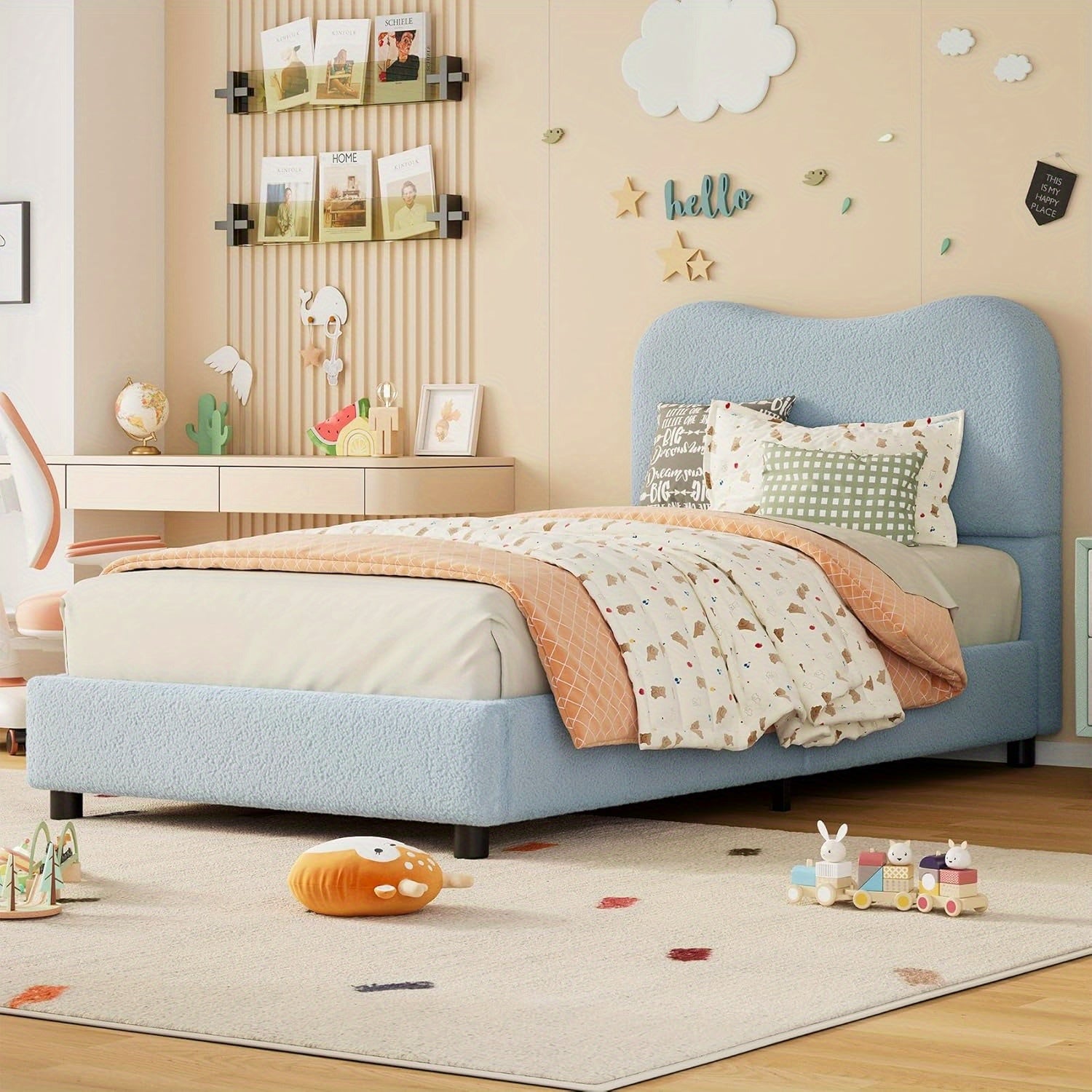 GAOMON Twin Bed Frame with Velvet Upholstered Headboard - Low Profile Platform Bed for Girls & Boys