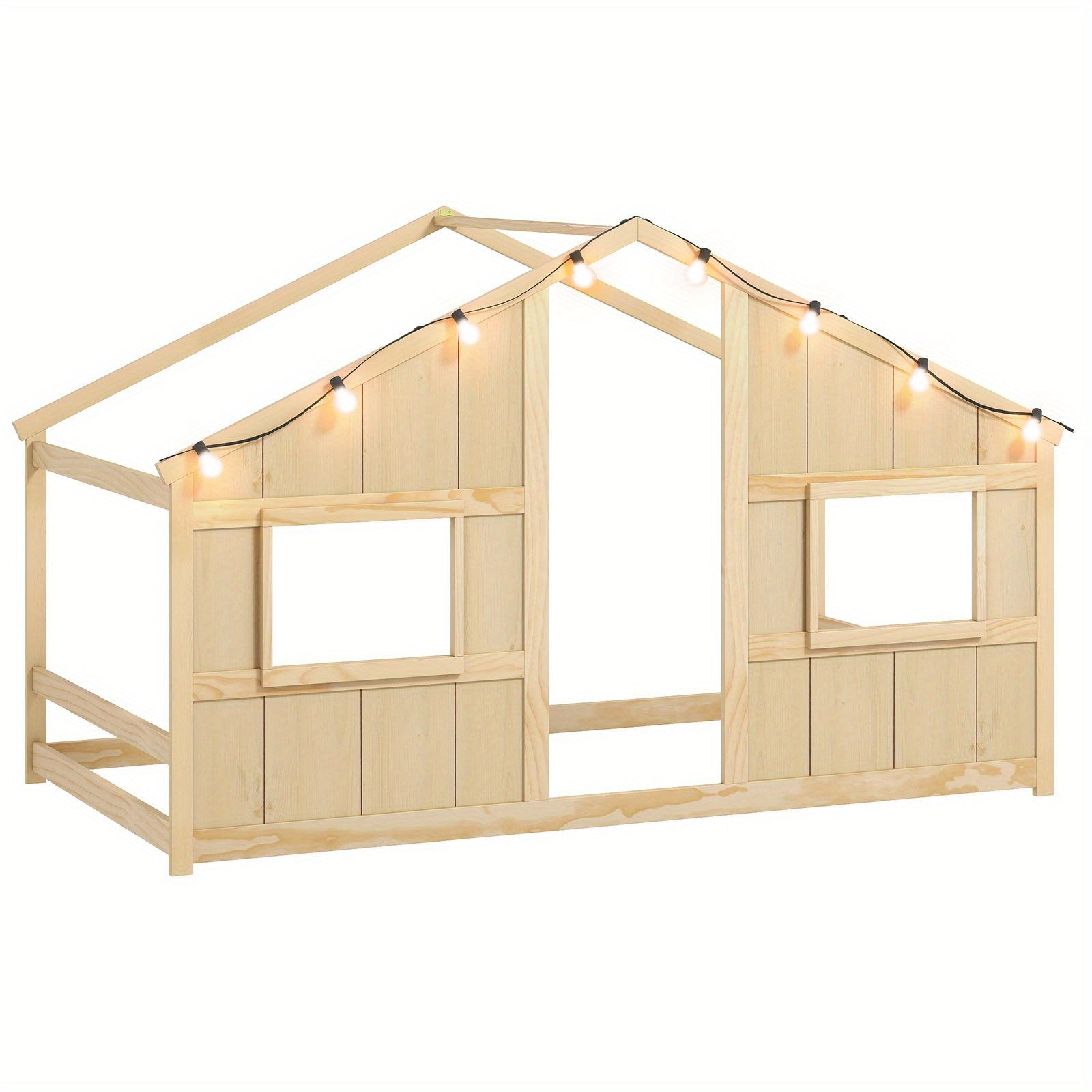 COSTWAY Twin Size House Bed with LED Lights - Slat-Free Floor Bed with Roof & Windows, Solid Wood Construction