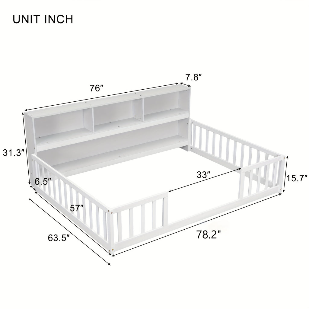 Bellemave Full Size Floor Bed with Bookcase & Shelves - Low-Profile Kids Bed with Safety Guardrails