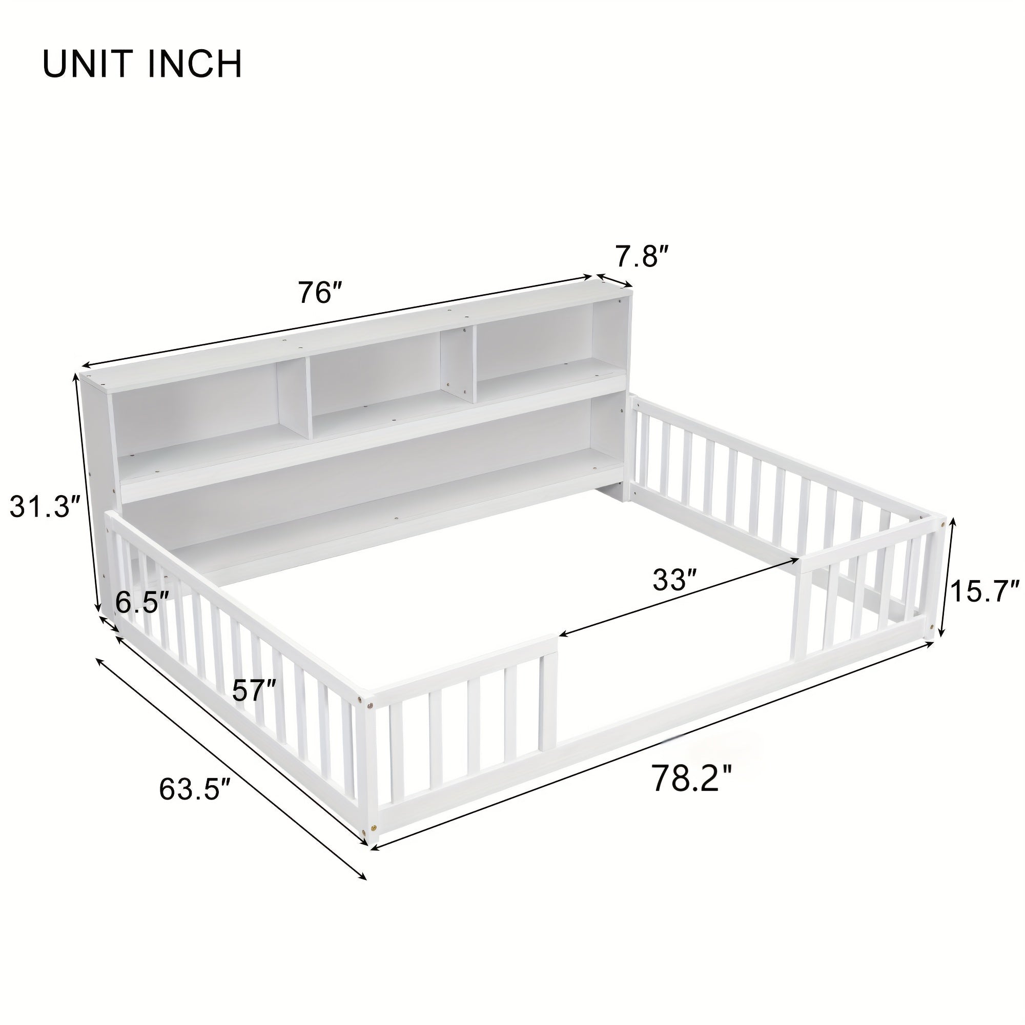 Bellemave Full Size Floor Bed with Bookcase & Shelves - Low-Profile Kids Bed with Safety Guardrails