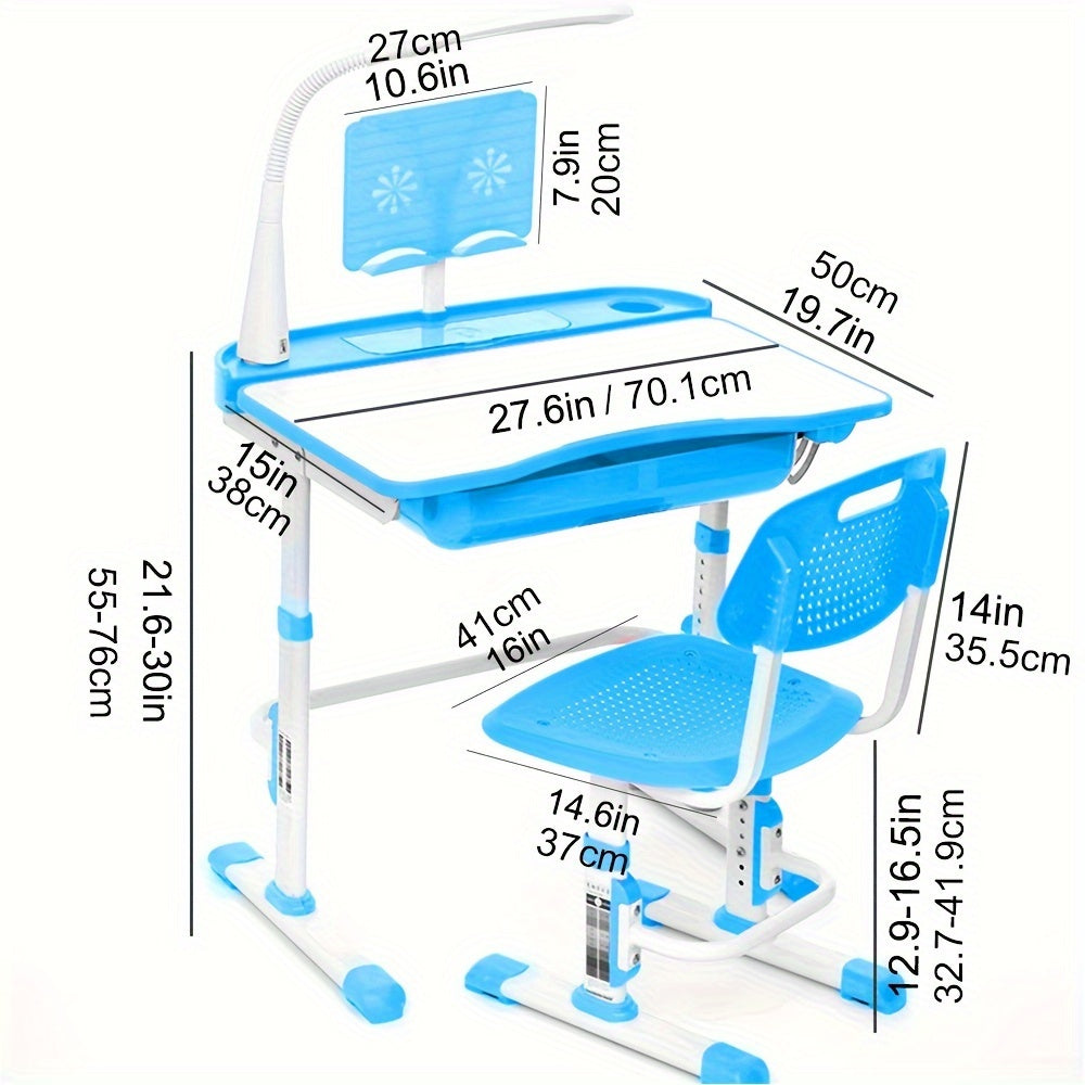 LVYUAN Kids Study Desk And Chair Set, Blue Metal, Height-Adjustable, Ergonomic, with Tilting Tabletop And Adjustable Lamp