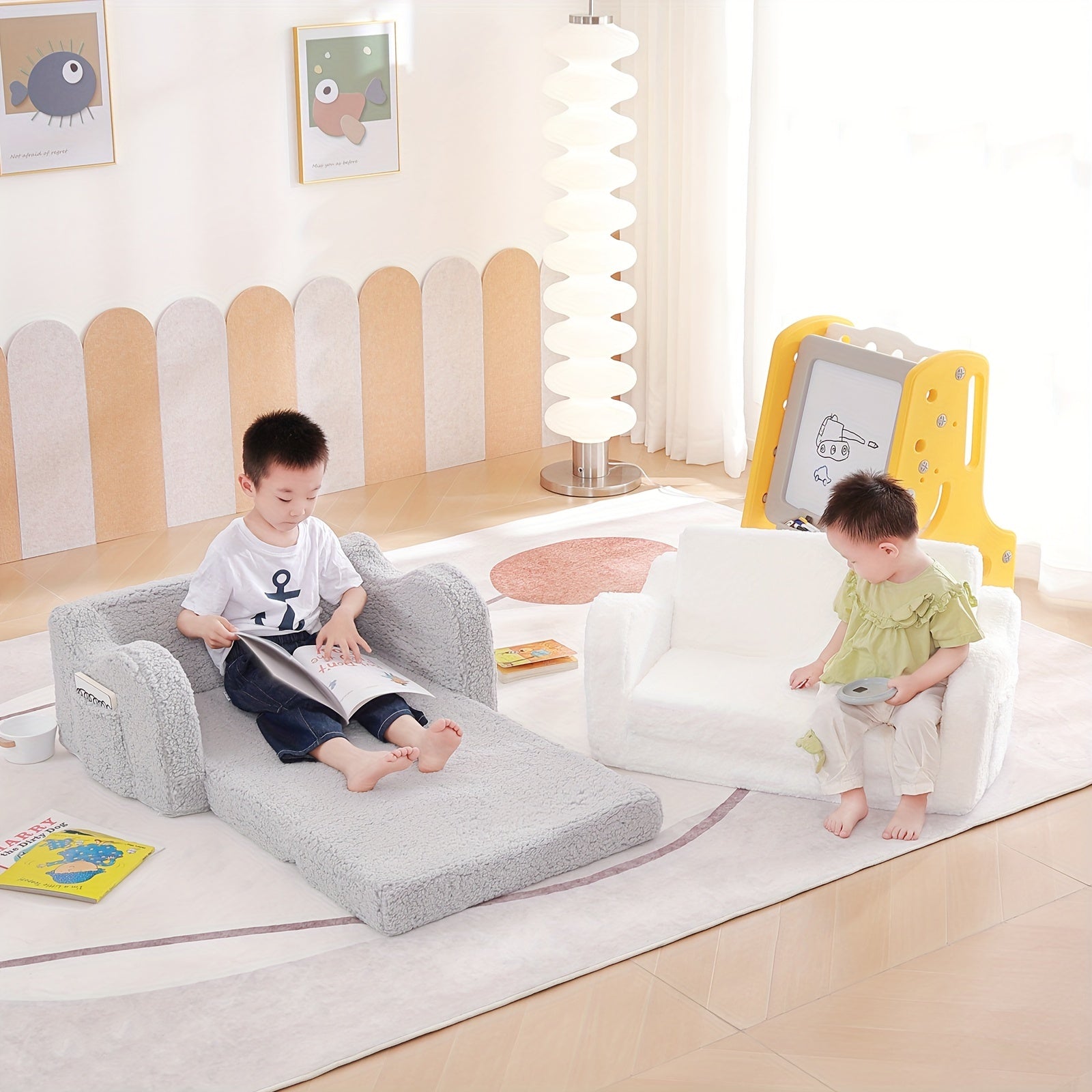 Tiita Kids Sofa Chair, 2 In 1 Toddler Fold Out Couch, Comfy Kids Sofa For Playroom-Extra Soft 2 Seats