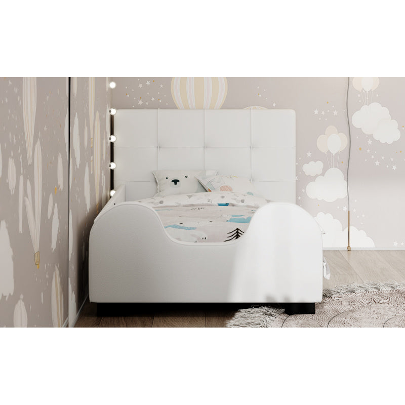 Twin Size Upholstered Platform Bed with Guardrail White