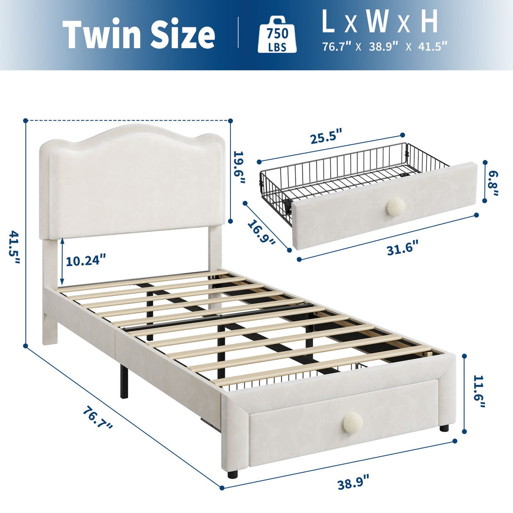 GAOMON Twin Girls Bed Frame with 2 Storage Drawers & Wavy Headboard - Beige Princess Upholstered Platform Bed