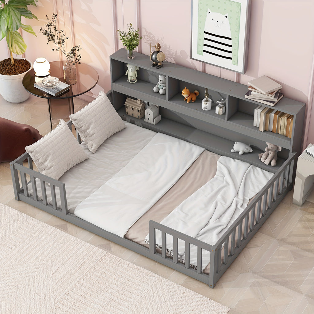 Bellemave Full Size Floor Bed with Bookcase & Shelves - Low-Profile Kids Bed with Safety Guardrails