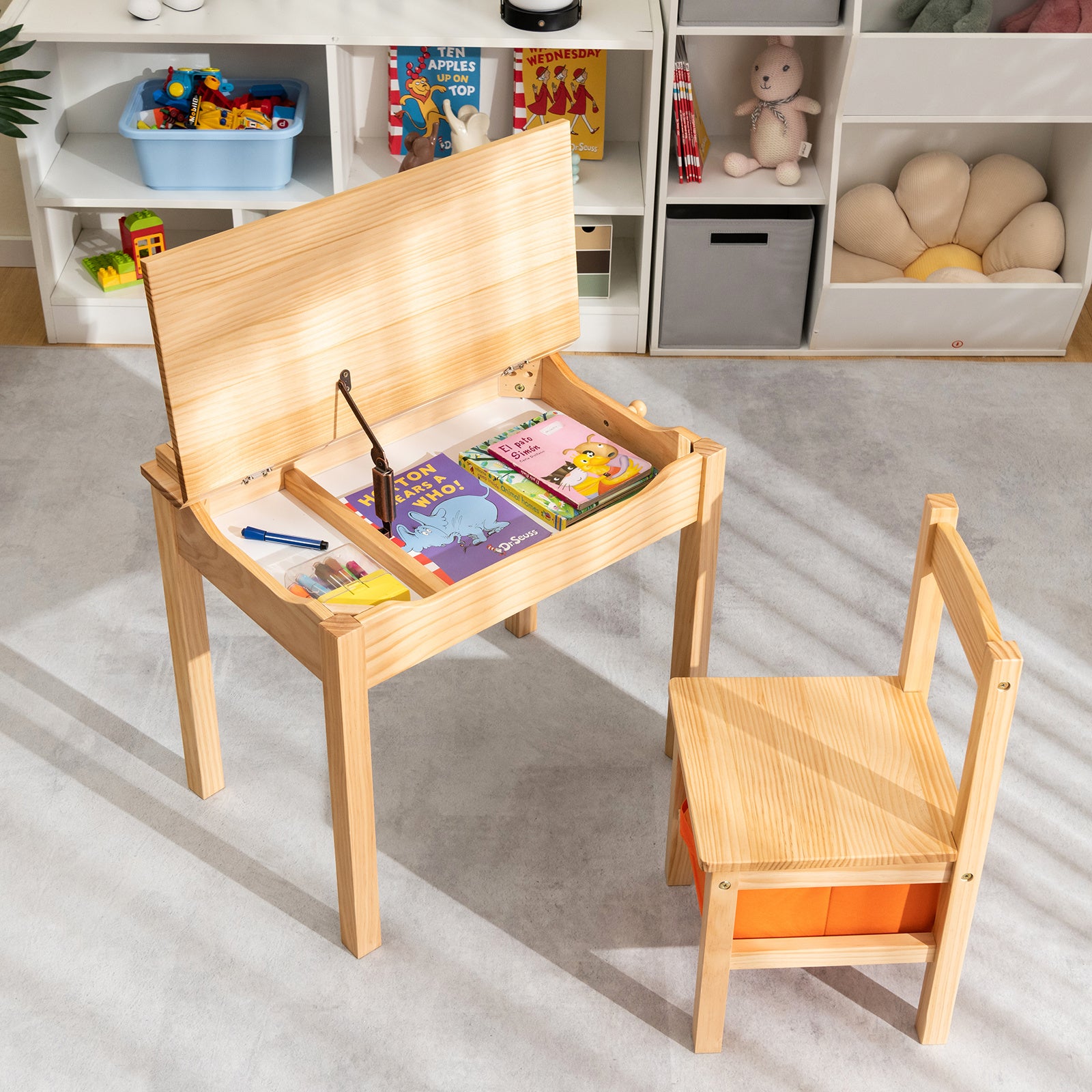 MULTIGOT Kids Table and Chair Set, Flip Top Toddler Study Desk w\u002F Chair for Playroom Nursery