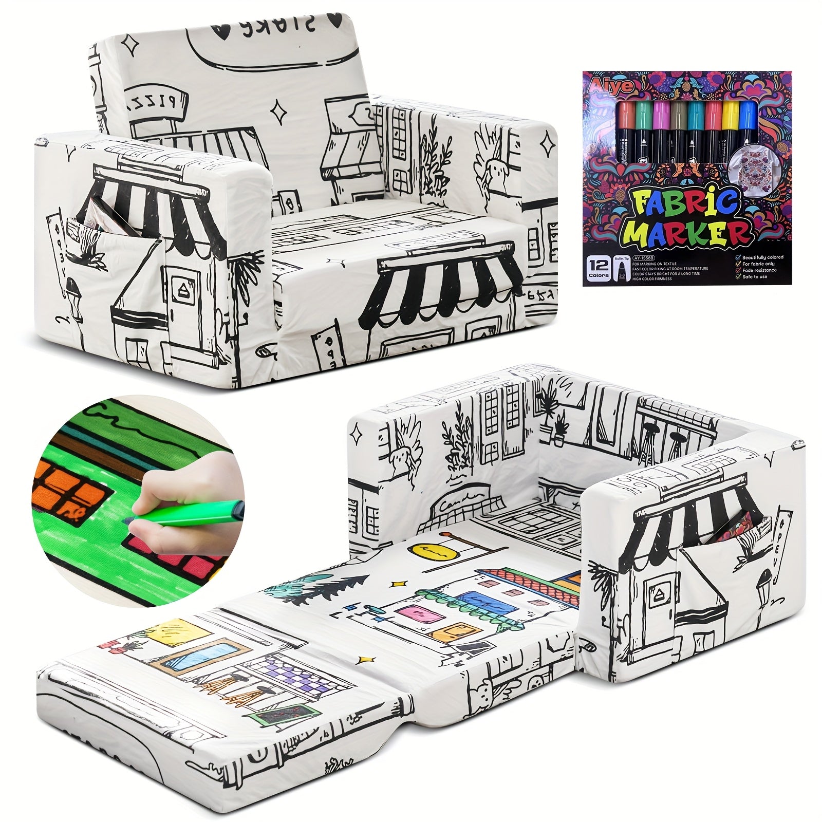 Kids Art Chair with 12 Washable Markers - Foldable Graffiti Furniture for Children, Doodle Creative Chair with Removable Cover