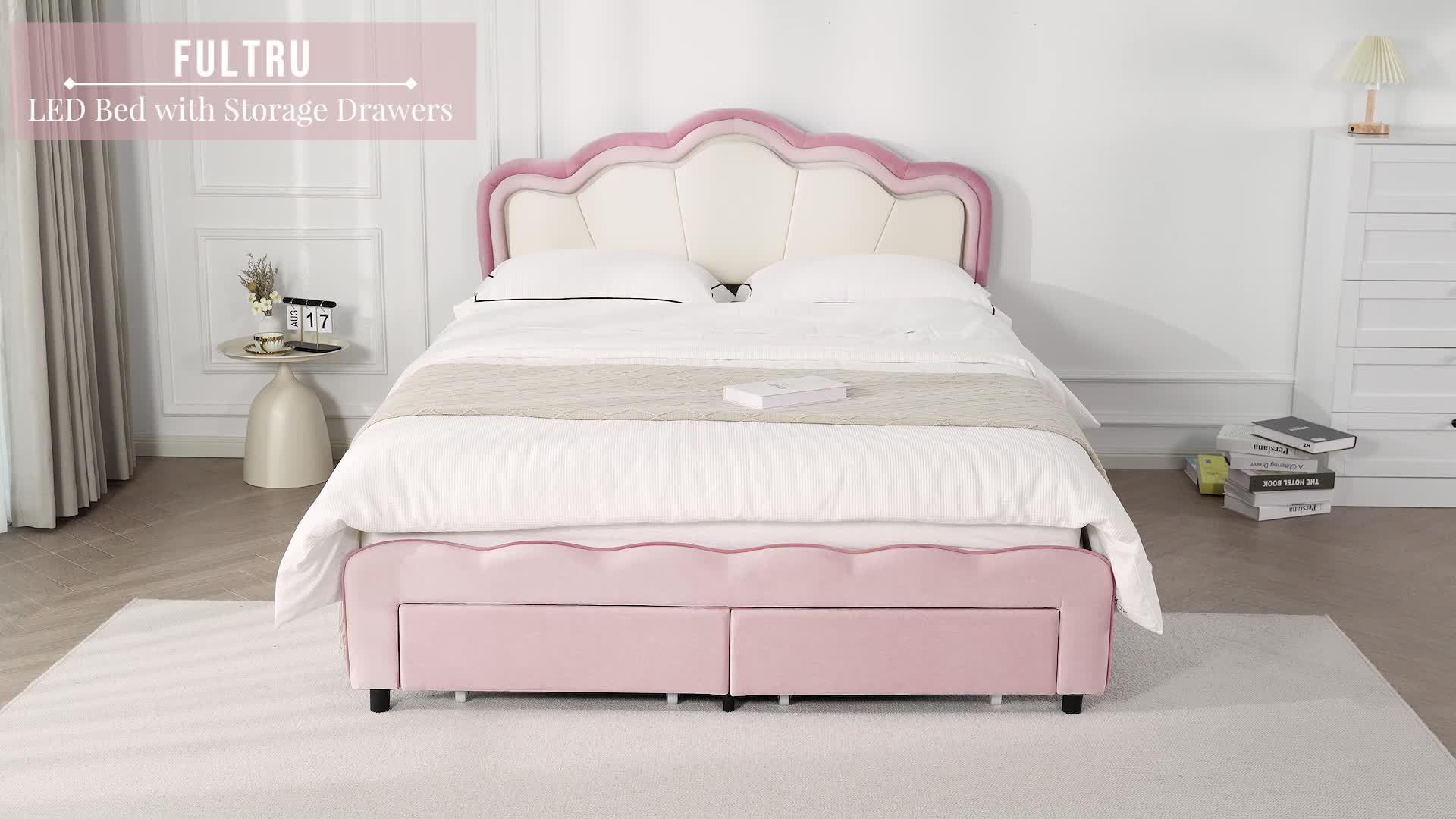 FULTRU Twin\u002FFull Size Led Bed Frame, Pink\u002F Blue Platform Bed With Large Drawer