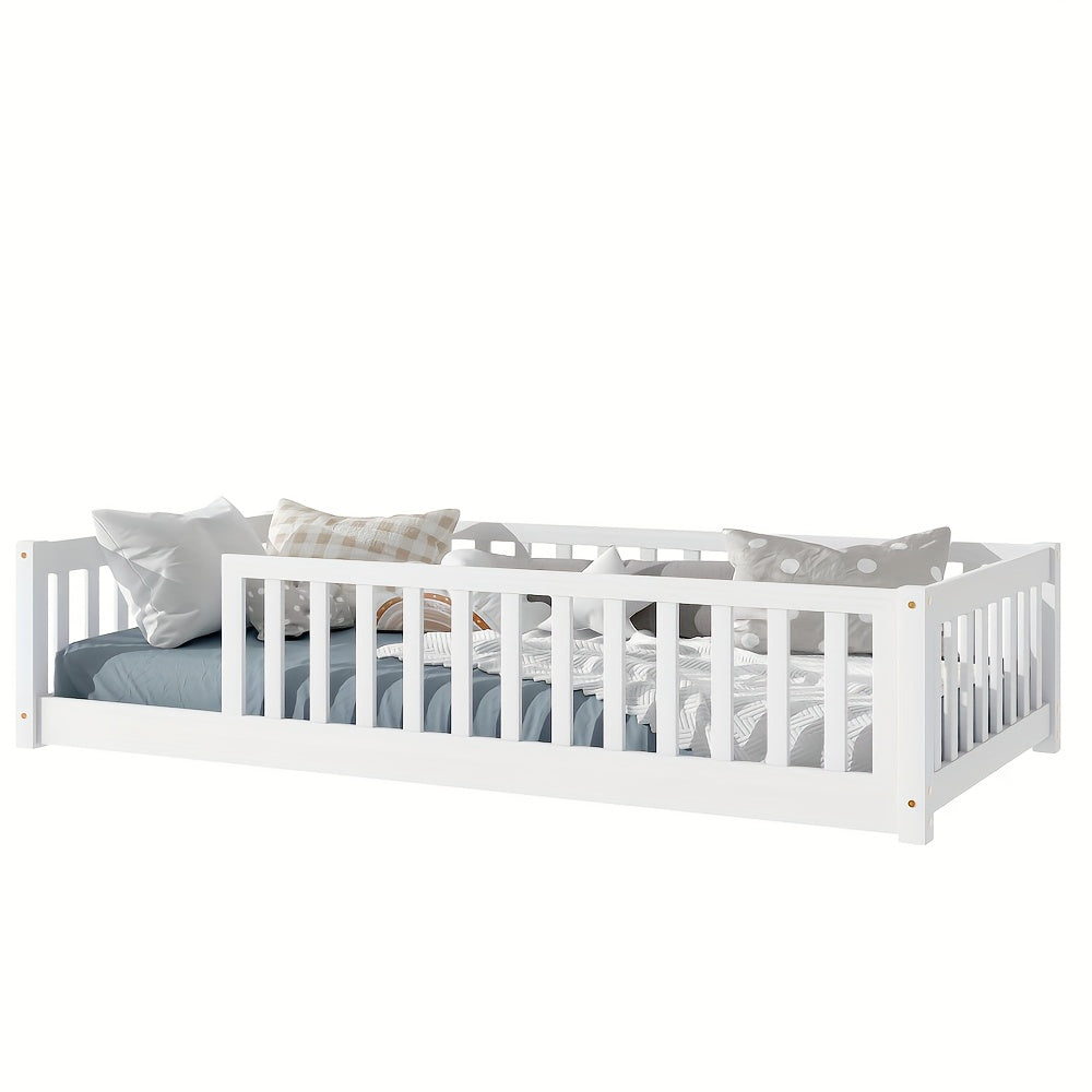 Twin Size Floor Bed with Safety Fence - Low-Profile Bed Frame, White & Wood Tone ( Brown)