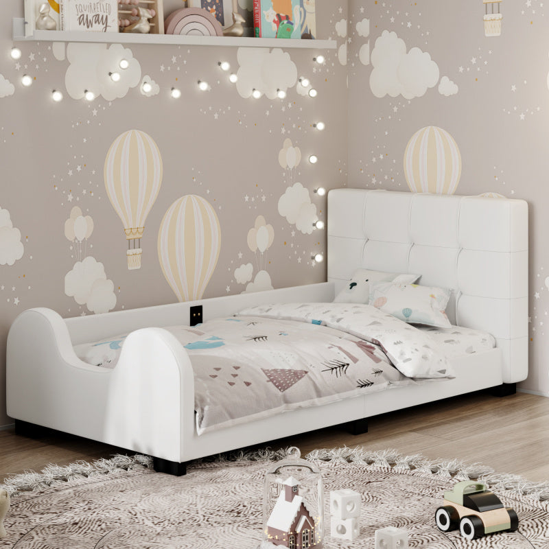 Twin Size Upholstered Platform Bed with Guardrail White