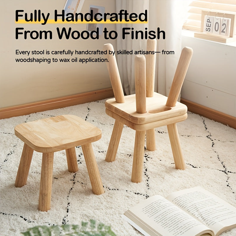 One Small Solid Wood Shoe Bench, Multifunctional Natural Rubberwood Stool, Step Stool, Height 9.5 x Width 9.5 Inches