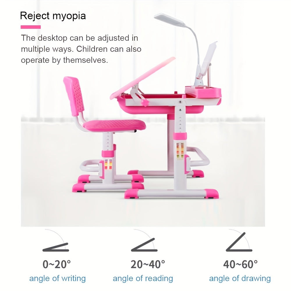 LVYUAN Kids Study Desk And Chair Set, Blue Metal, Height-Adjustable, Ergonomic, with Tilting Tabletop And Adjustable Lamp