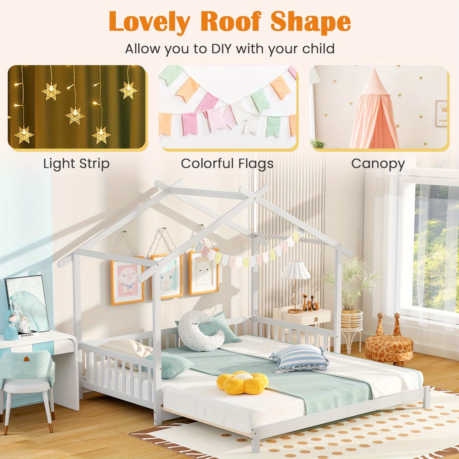 Versatile Extendable Youngsters' House Bed - Twin to King Size, with Roof & Safety Rails