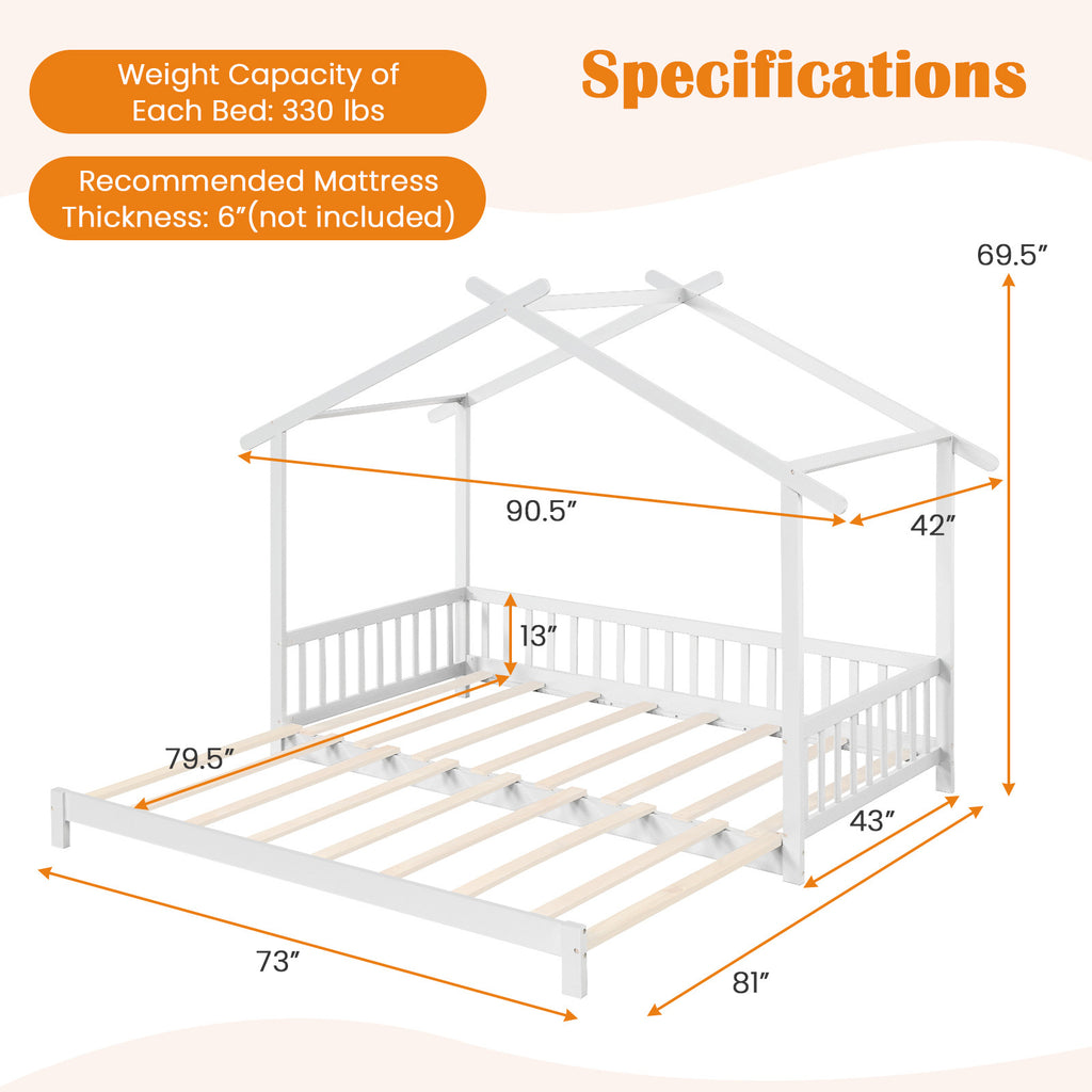 Versatile Extendable Youngsters' House Bed - Twin to King Size, with Roof & Safety Rails